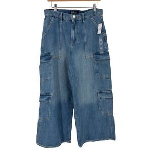 GAP Women Baggy Mid Rise Cargo Jeans‎ Medium Wash Size 10/30S